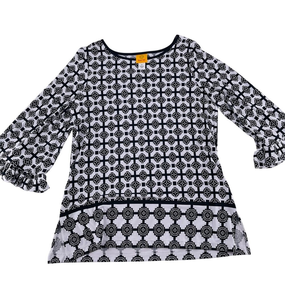 Ruby Rd. Geometric Print Ruffle Sleeve Top Black & White Size Medium 3/4 Sleeves